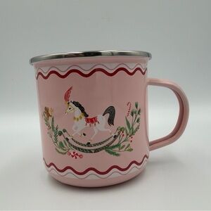 World Market Pink Enamel Tin 12 oz Camp Mug Rocking Horse Christmas Holiday Cup
